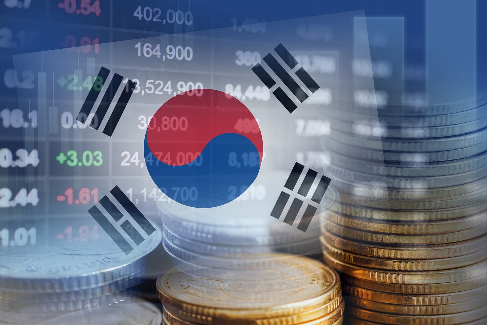 South Korea flag with stock market finance economy trend graph